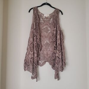 Pretty Angel Vest Cardigan Size L Brown Crochet Lace Linen Boho Hippie